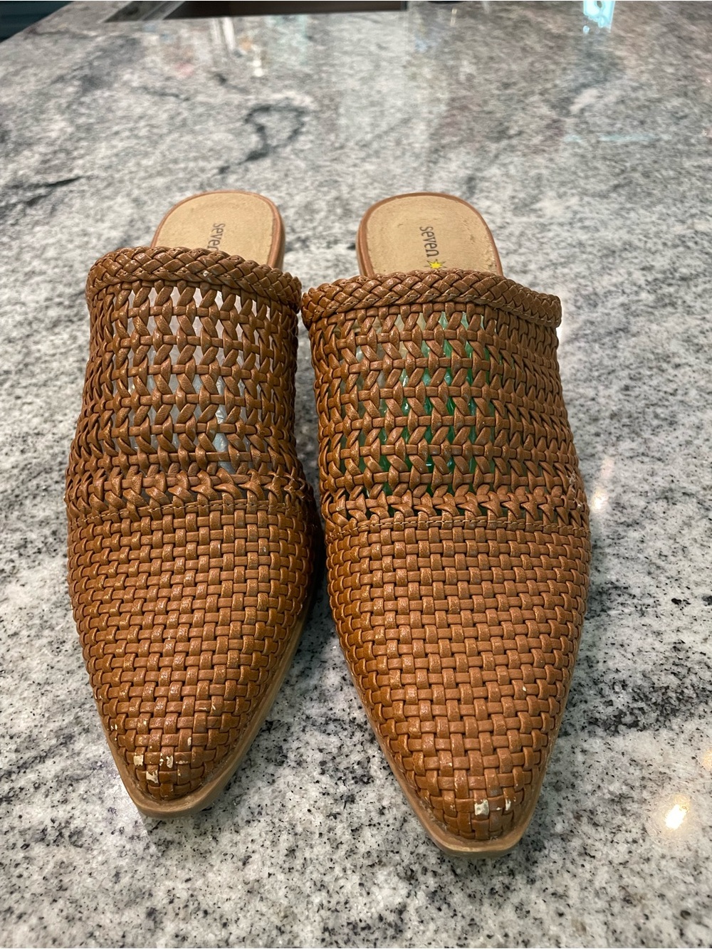 Seven Dials (9-9.5) Woven Leather Mule Slides - Brown/Cognac